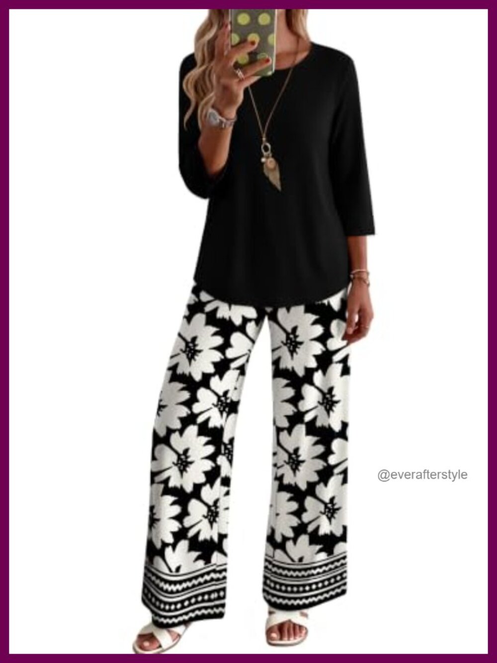 Two Piece Lounge Set 3/4 Sleeve Top & Printed Pants with Pockets